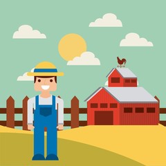 Obraz na płótnie Canvas happy farmer and red barn on farm landscape. colorful design. vector illustration
