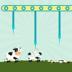 Machine with needles exploding cows in the field. Concept. Metaphorical.