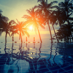 Sunset on a tropical resort beach with silhouettes of palm trees.