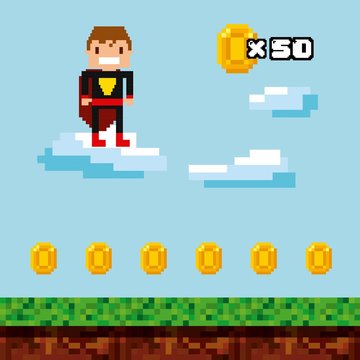 pixel superhero character and gold coins over landscape background.  Video game interface design. Colorful design. vector illustration