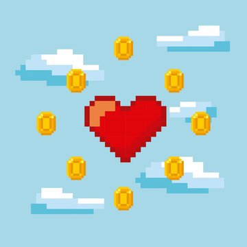 pixel red heart with gold coins around over sky background. Video game interface design. Colorful design. vector illustration