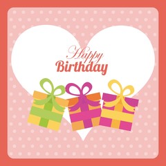 happy birthday card with heart shape and gift boxes over pink background. colorful design. vector illustration