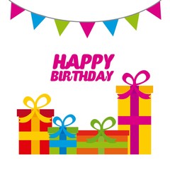 happy birthday card with gift boxes and decorative pennats over white background. colorful design. vector illustration