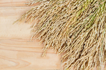 grains, ear of rice on the wooden background, copyspace for text