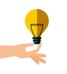 human hand holding a yellow bulb light icon over white background. vector illustration