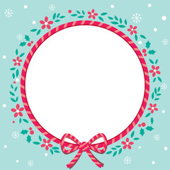 Christmas floral wreath frame circle background template, decorated with rope bow border on red and green colors.