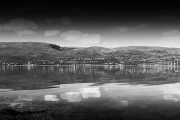 Black and white Norway community landscape background