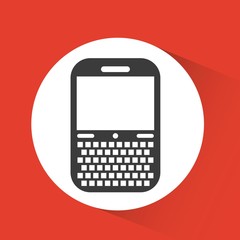 cellphone device with keyboard over white circle and red background. vector illustration