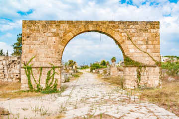 Fototapeta na wymiar Church with garden of Al Bass archaeological site in Tyre, Lebanon. It is located about 80 km south of Beirut. Tyre has led to its designation as a UNESCO World Heritage Site in 1984.