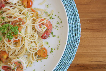 Top view of seafood pasta