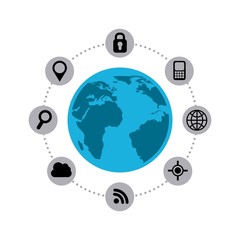 earth planet with navigation and techonology icons around over white background. vector illustration