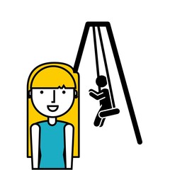 Happy mother and child on a swings game over white background. vector illustration