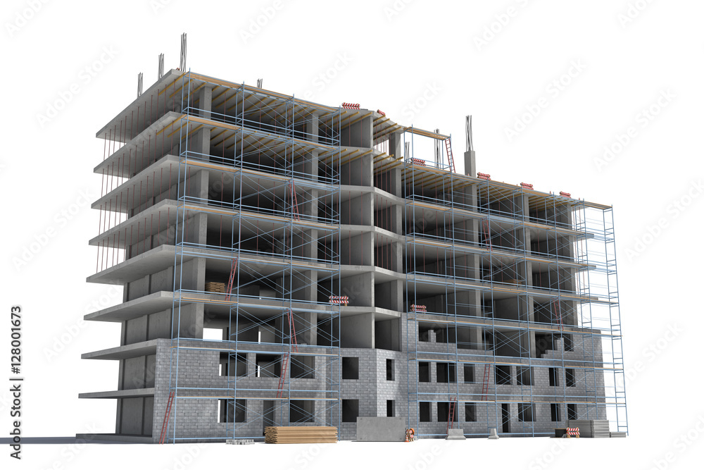 Poster rendering of building under construction with scaffolding and different equipment.