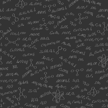 Seamless pattern on the theme of the subject of chemistry, hand-written formulas of substances, and images of molecules on a dark background