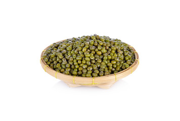 green mung beans in bamboo basket on white background