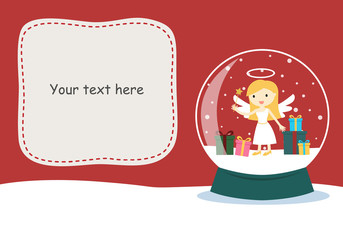 Pretty angel and gift boxes in crystal ball with space for add text. Christmas card.