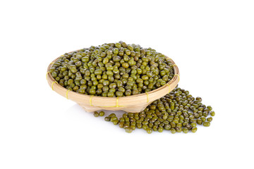green mung beans in bamboo basket on white background
