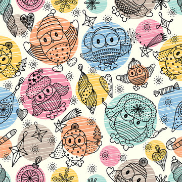Christmas vector seamless pattern with owls and Christmas toys.