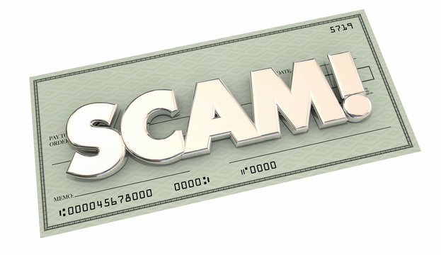 Scam Fraud Money Stealing Theft Word Check 3d Illustration