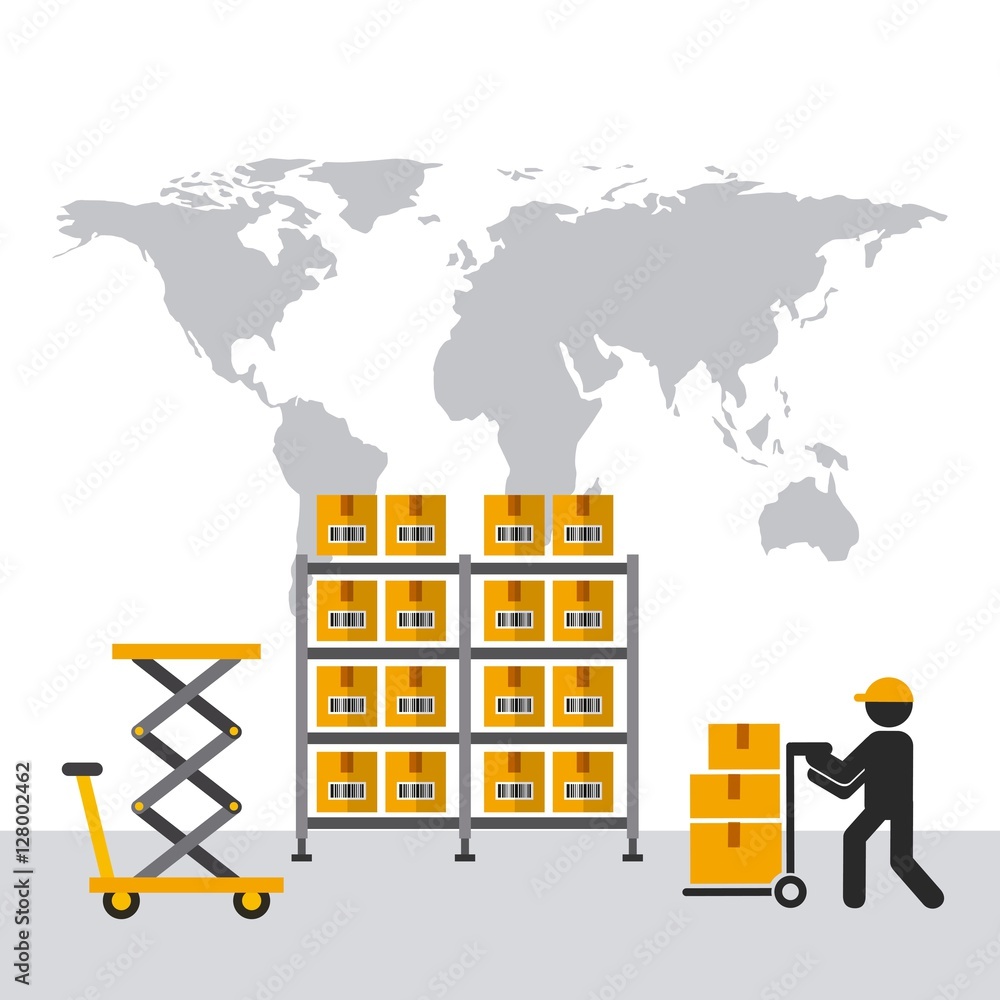 Poster shelves with carton boxes and man with handcart over world map background. export and import concept