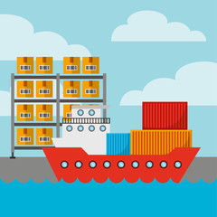 cargo ship with shelves and carton boxes. export and import concept. colorful design. vector illustration