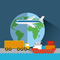 earth planet with cargo airplane, truck and ship. export and import concept. colorful design. vector illustration