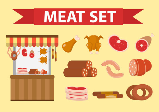 Meat and sausages icon set, flat style. Fresh meat set isolated on a white background. Meat shop, showcase, protein foods. Vector illustration
