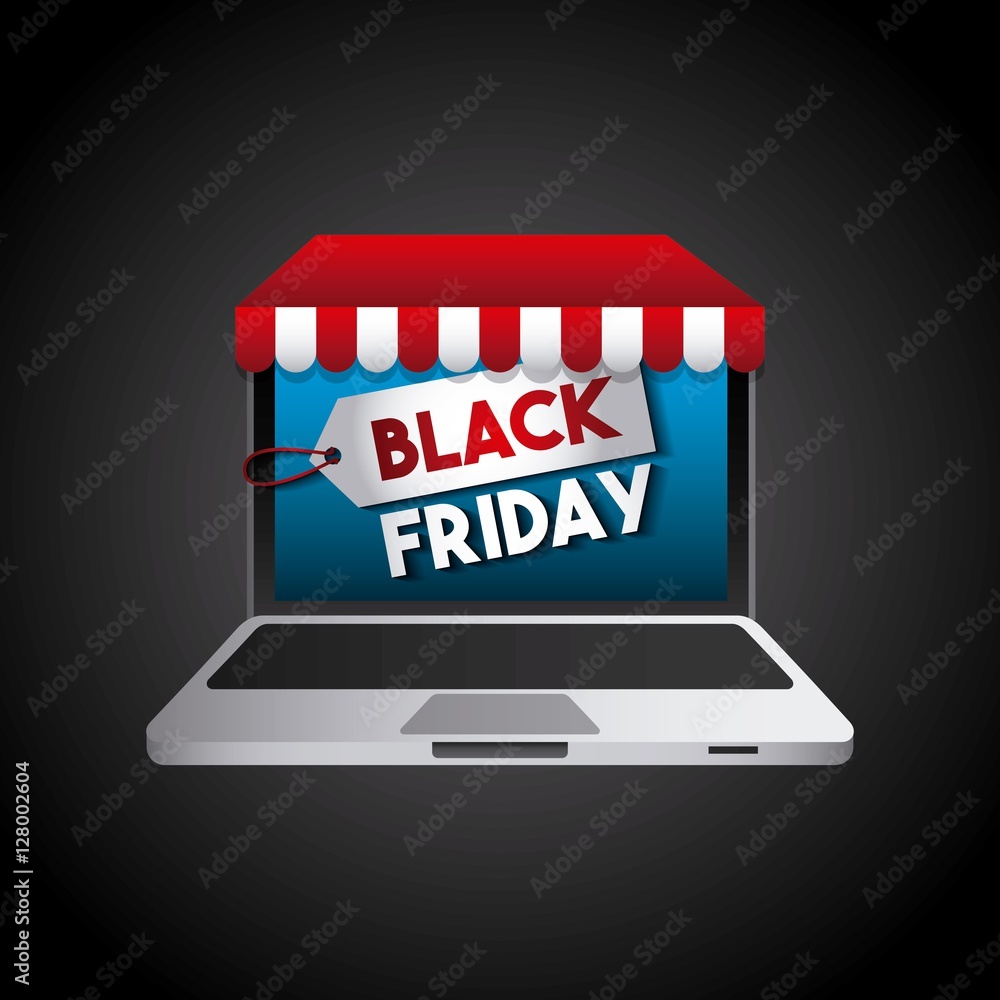 Poster laptop computer device over black background. black friday concept. colorful design. vector illustration