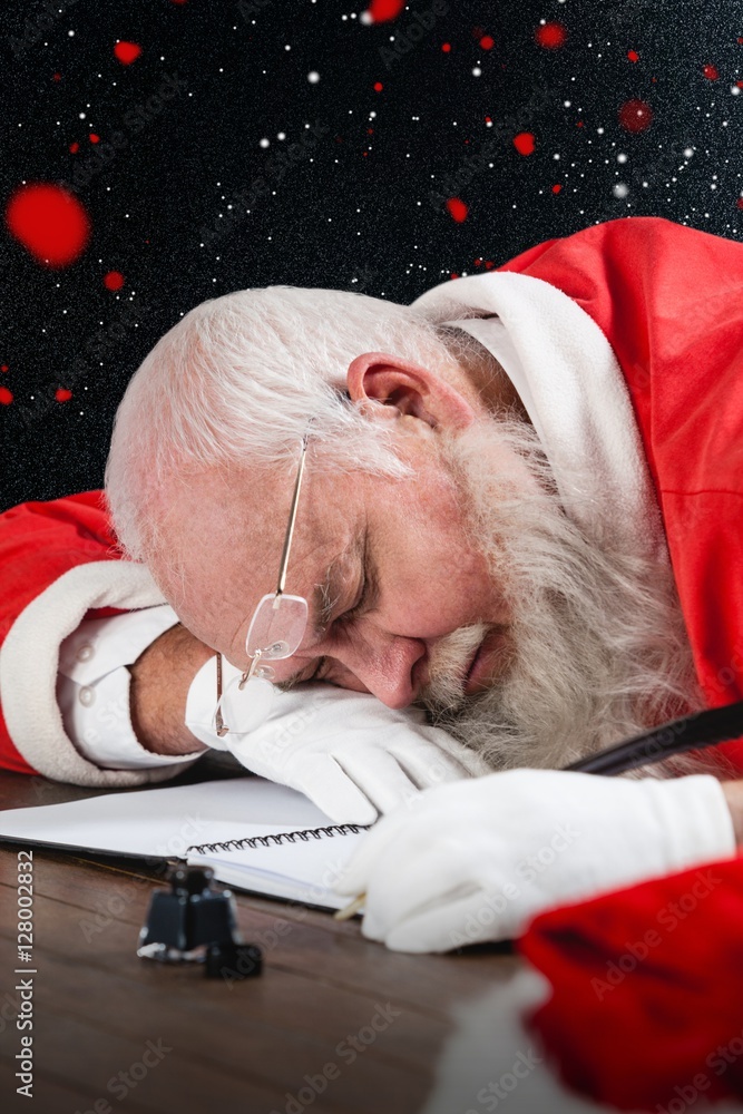 Poster composite image of tired santa claus napping at desk while writi