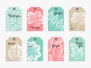 Set of cute gift  tag with handcrafted texture leaves imprints. Tag, card, label, banner design set. Vector illustration