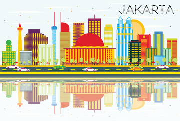 Jakarta Skyline with Color Buildings, Blue Sky and Reflections.
