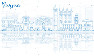 Naklejka premium Zarysuj panoramę Parmy z niebieskimi budynkami i odbiciami.