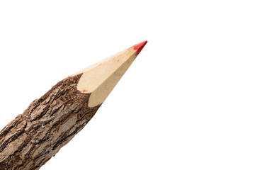 Single raw, unprocessed red wooden pencil, isolated on white bac