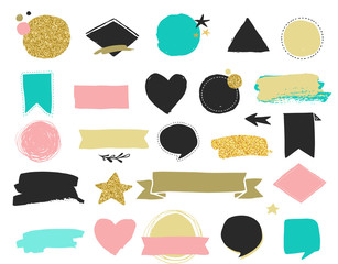 Fashion patch badges and stickers, labes and sale tags. Gold hearts, speech bubbles, stars and other elements. Vector element, backgrounds. Set of stickers, pins, patches, chic style