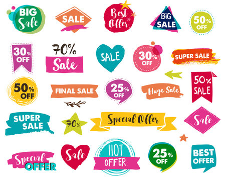 Sale icons, tags, labels and mobile theme. Hand drawn sale colorful vector backgrounds, poster design