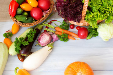 Vegetables and fruits top view.