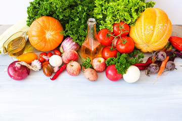 Vegetables and fruits top view.
