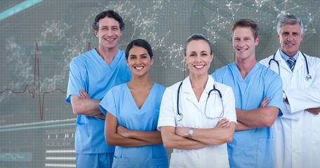 Composite image of portrait of confident doctors and surgeons