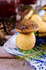 Cookies mushrooms with chocolate icing