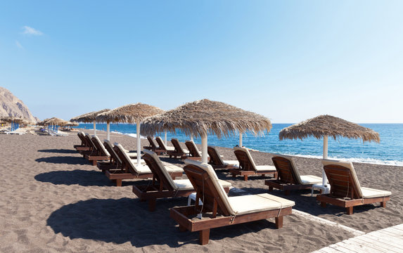 Greece. South-east coast of Santorini. The beaches of black volcanic sand of Perissa