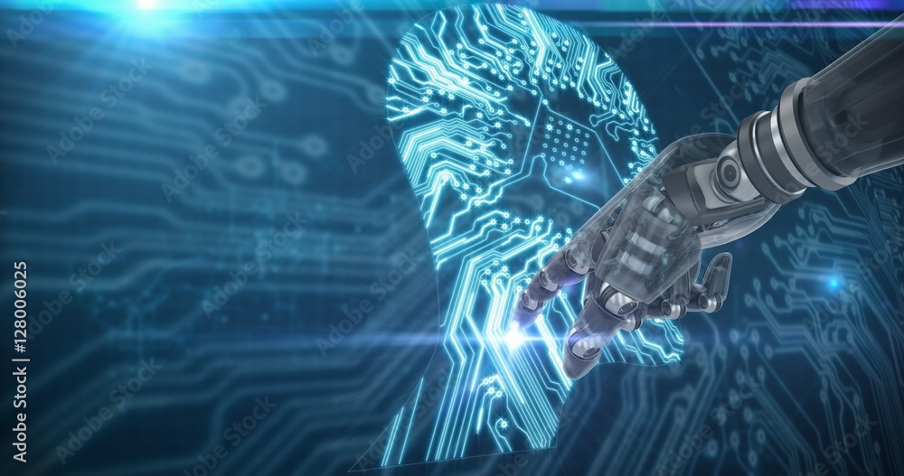 Poster composite image of back robot arm pointing at something