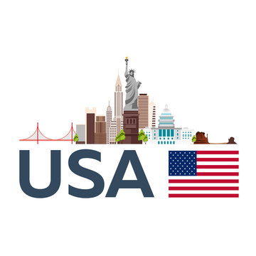 Travel to USA, New York skyline. Statue of Liberty. Vector illustration.