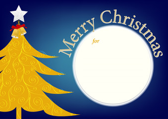 Christmas card design with yellow gold Christmas tree and blank circle for message on blue background