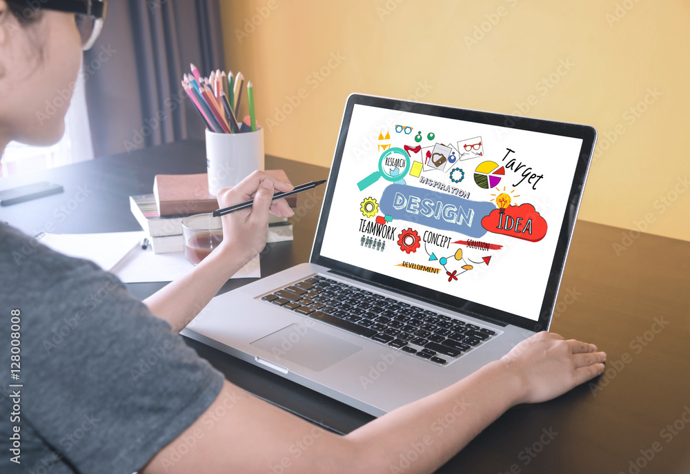 Poster business women using on computer laptop with web design website homepage ideas programming concept.