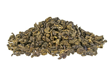 Heap of dry green tea isolated on white background