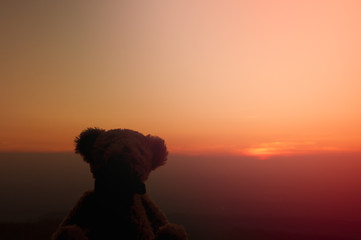 Bear toy with sunset sky background