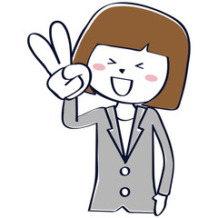 かわいいビジネスウーマン おかっぱ　上半身　Vサイン