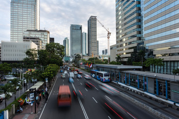 Jakarta rush hour along the main avenue in the business district in Indonesia capital city