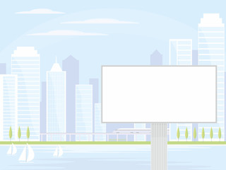 The image of the Billboard on the background of a modern coastal city. Cityscape with tall buildings, skyscrapers and high speed rail. 