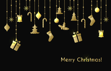Christmas greeting card with gold christmas toys